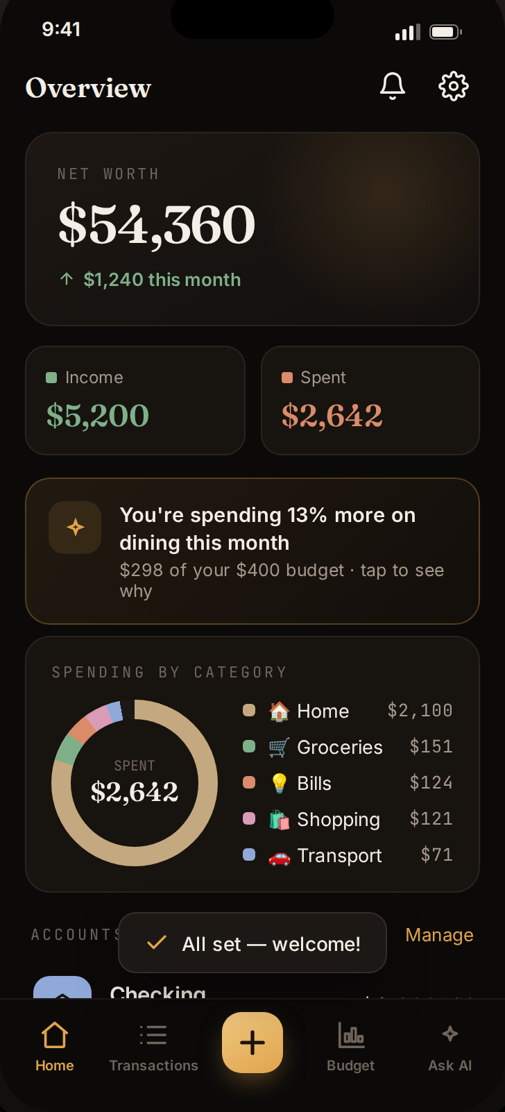 Local Money: the dashboard, showing net worth, spending by category, and accounts