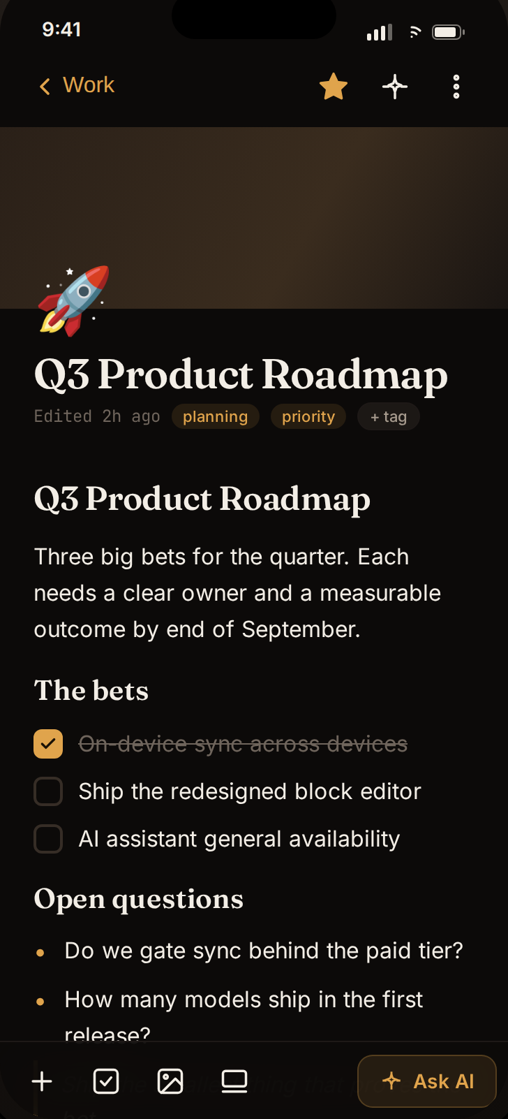 Local Notes: the note editor, showing a note with an AI assistant button